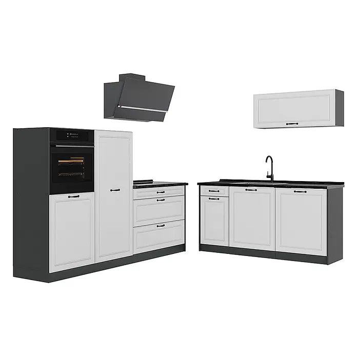 Küchenzeile R-Line 220 cm Weiß Landhaus Art.-Nr. 67842 -  - Weiße Küchenschränke mit dunkelgrauen Rahmen, schwarzen Griffen und Arbeitsplatten, inklusive Backofen, Spüle und Dunstabzugshaube.