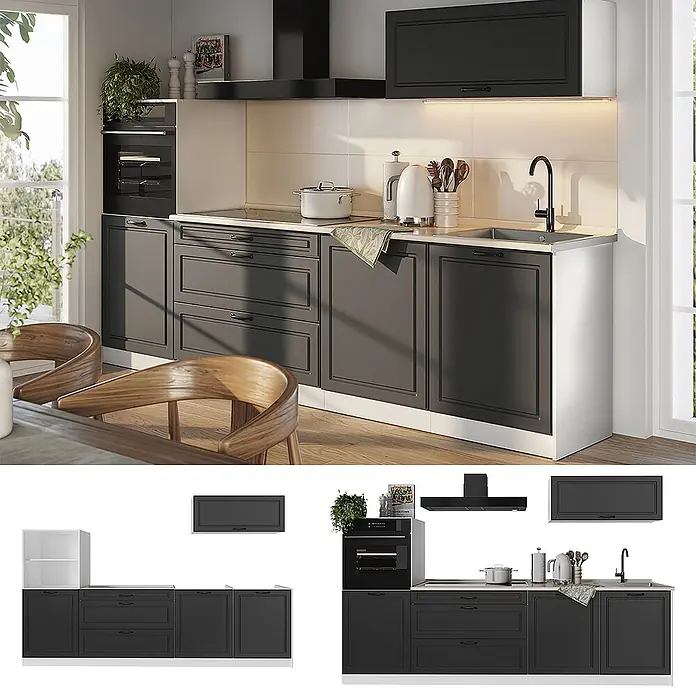Küchenzeile R-Line 280 cm Anthrazit Landhaus Art.-Nr. 67997 -  - Dunkelgraue Modulküche mit integriertem Backofen, Kochfeld und Spüle in hellem Raum.