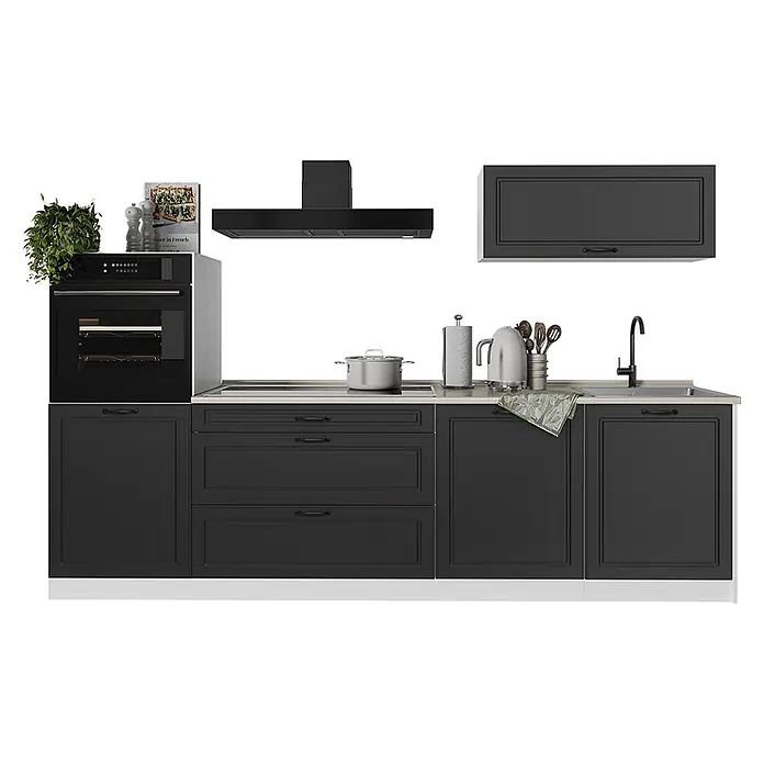 Küchenzeile R-Line 280 cm Anthrazit Landhaus Art.-Nr. 67997 -  - Moderne schwarze Küchenzeile mit Backofen, Herd, Spüle, Dunstabzugshaube und Küchenzubehör.