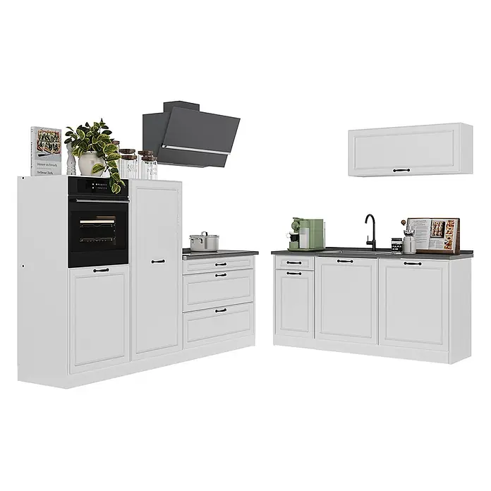 Küchenzeile R-Line 220 cm Weiß Landhaus Art.-Nr. 67869 -  - Weiße modulare Küchenzeile mit schwarzen Griffen, dunkelgrauen Arbeitsplatten, eingebautem Backofen, Spüle, Dunstabzugshaube und Wandschrank.