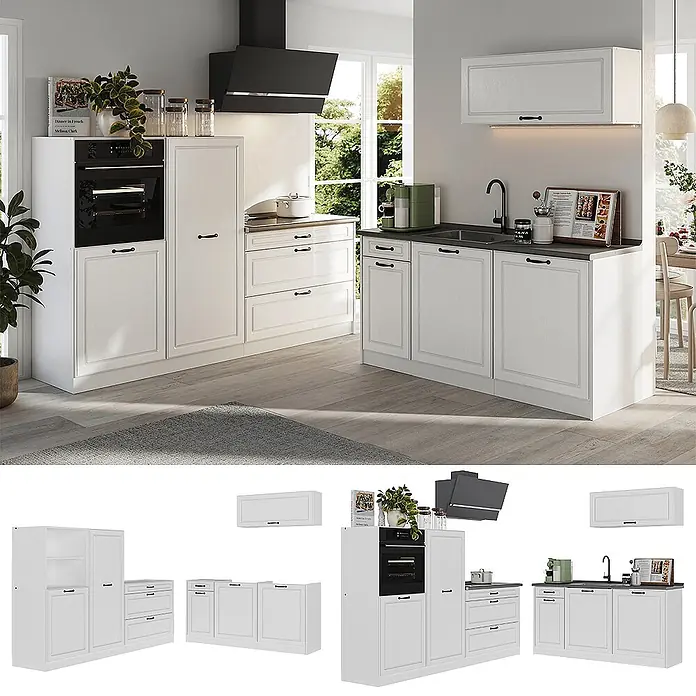 Küchenzeile R-Line 220 cm Weiß Landhaus Art.-Nr. 67869 -  - Modulare weiße Küchenschränke mit gerahmten Türen und schwarzen Griffen, inklusive Unter-, Ober- und Hochschränken, in moderner Küche arrangiert.