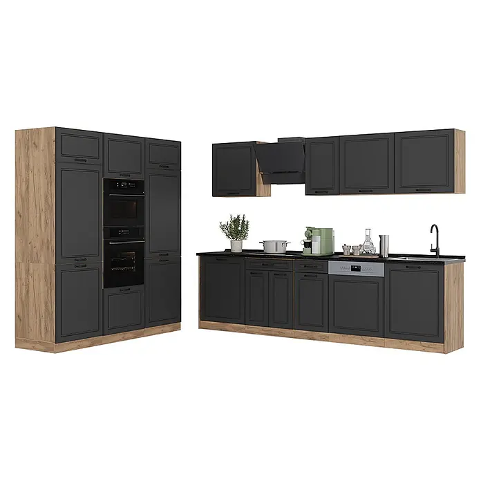 Küchenzeile R-Line 180 cm Anthrazit Landhaus Art.-Nr. 67779 -  - Moderne Küche mit dunkelgrauen Schränken, Holzoptikrahmen, integrierten Öfen, Spüle, Geschirrspüler und Wandschränken mit Dunstabzugshaube.
