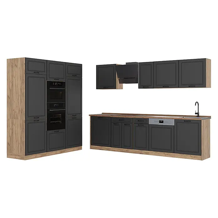 Küchenzeile R-Line 180 cm Anthrazit Landhaus Art.-Nr. 67779 -  - Dunkelgraue Küche mit Holzoptik-Schränken und Arbeitsplatte. Mit integrierten Öfen, Dunstabzugshaube, Spüle und Geschirrspüler.
