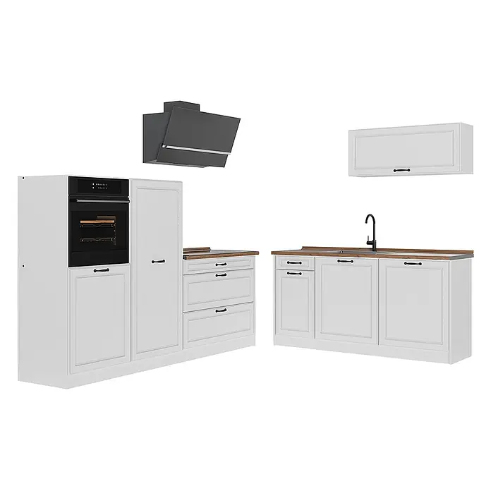 Küchenzeile R-Line 220 cm Weiß Landhaus Art.-Nr. 67869 -  - Weißes Modulküchenset mit Holzoptik-Arbeitsplatten, schwarzem Einbauofen, Spüle und dunkelgrauer Dunstabzugshaube.