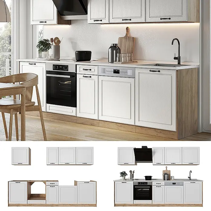 Küchenzeile R-Line 280 cm Weiß Landhaus Art.-Nr. 67917 -  - Modulare Küchenzeile mit weißen Schränken, dunklen Griffen, hellen Holzdetails, inkl. Ofen, Geschirrspüler und Spüle.
