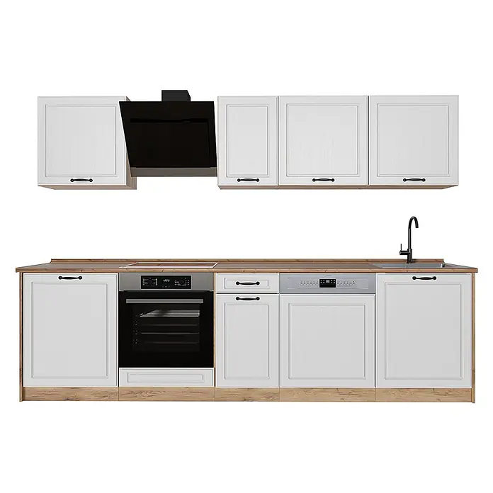 Küchenzeile R-Line 280 cm Weiß Landhaus Art.-Nr. 67915 -  - Weiße Küche mit Holztheke, schwarzen Griffen, Einbauherd, Kochfeld, Spüle, Geschirrspüler und Dunstabzugshaube.