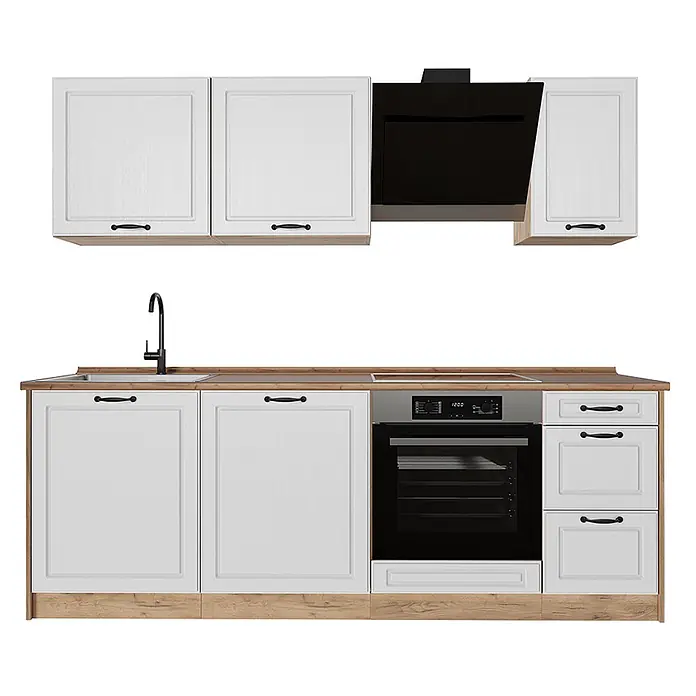 Küchenzeile R-Line 220 cm Weiß Landhaus Art.-Nr. 67879 -  - Weiße Küchenzeile mit Holzplatte und Sockel, schwarzen Griffen, schwarzem Spülbecken, Armatur, Einbaubackofen und Dunstabzugshaube.
