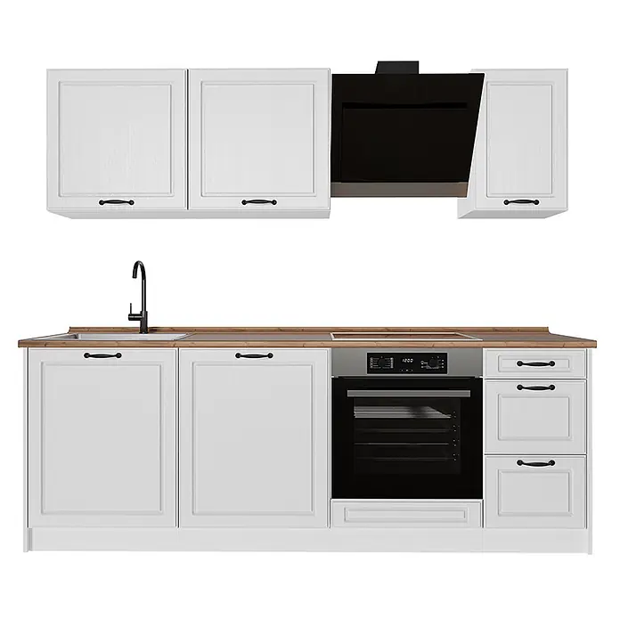 Küchenzeile R-Line 220 cm Weiß Landhaus Art.-Nr. 67891 -  - Weiße Küchenschränke mit Holz-Arbeitsplatte, schwarzer Spüle, Ofen und Dunstabzugshaube, als komplette modulare Kücheneinheit.