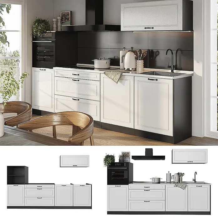Küchenzeile R-Line 280 cm Weiß Landhaus Art.-Nr. 67977 -  - Moderne Küche mit weißen Shaker-Schränken, schwarzen Griffen, Kochfeld, Backofen, Spüle, schwarzem Sockel, Spritzschutz und Dunstabzugshaube.