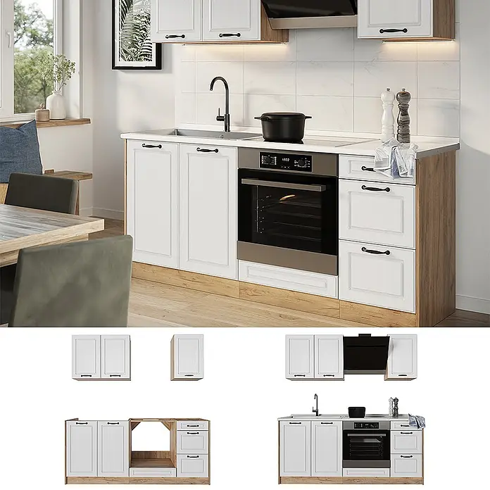 Singleküche R-Line 180 cm Weiß Landhaus Art.-Nr. 67807 -  - Moderne weiße Küchenzeile mit Holzdekor, Spüle, Backofen und Kochfeld, in Küchenumgebung.