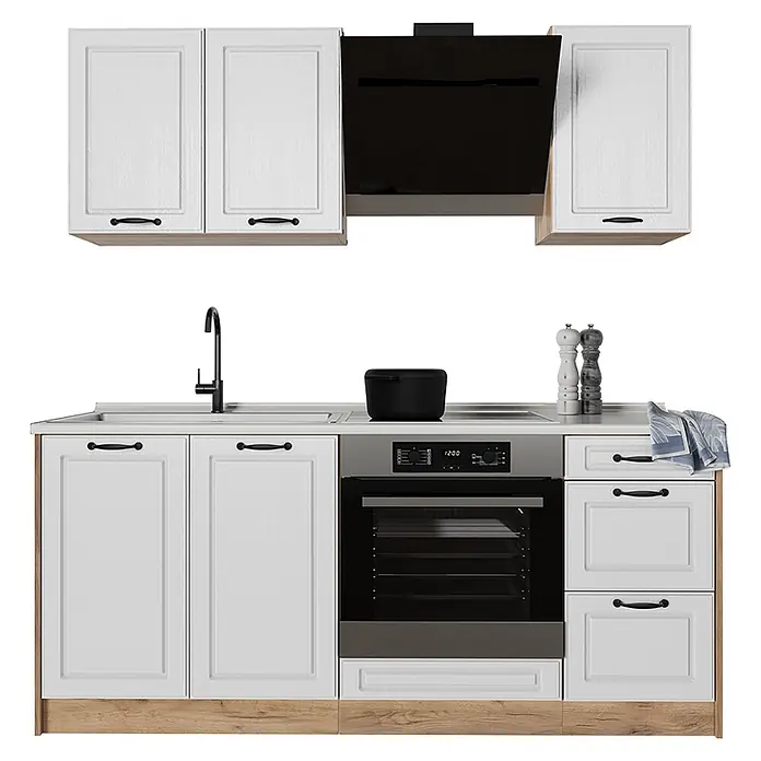 Singleküche R-Line 180 cm Weiß Landhaus Art.-Nr. 67807 -  - Weiße Küchenzeile mit schwarzen Griffen, Ofen und Dunstabzugshaube. Mit Spüle, Kochfeld und hellem Holzsockel.