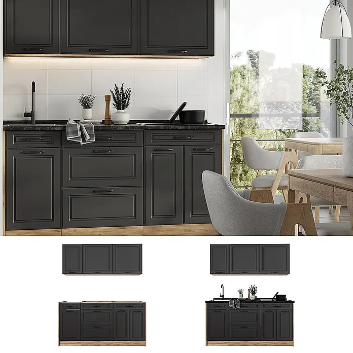 Singleküche R-Line 160 cm Anthrazit Landhaus Art.-Nr. 67731 -  - Dunkelgraue Küchenschränke mit schwarzer Arbeitsplatte und Holzsockel, inklusive Spüle und Herd, in einer modernen Küche.