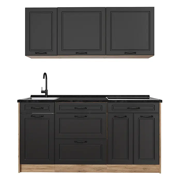 Singleküche R-Line 160 cm Anthrazit Landhaus Art.-Nr. 67730 -  - Dunkelgraue Küchenschrank-Garnitur mit Holzdetails, Spüle und Kochfeld, bestehend aus Ober- und Unterschränken.