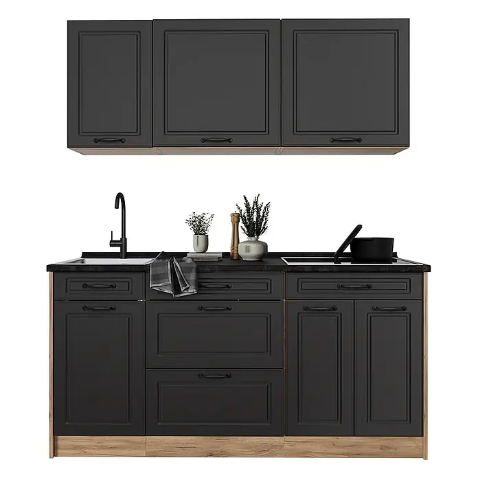 Singleküche R-Line 160 cm Anthrazit Landhaus Art.-Nr. 67731 -  - Schwarze Küchenschrankkombination mit Holzdetails, inkl. Ober- und Unterschränke, Spüle und Kochfeld.