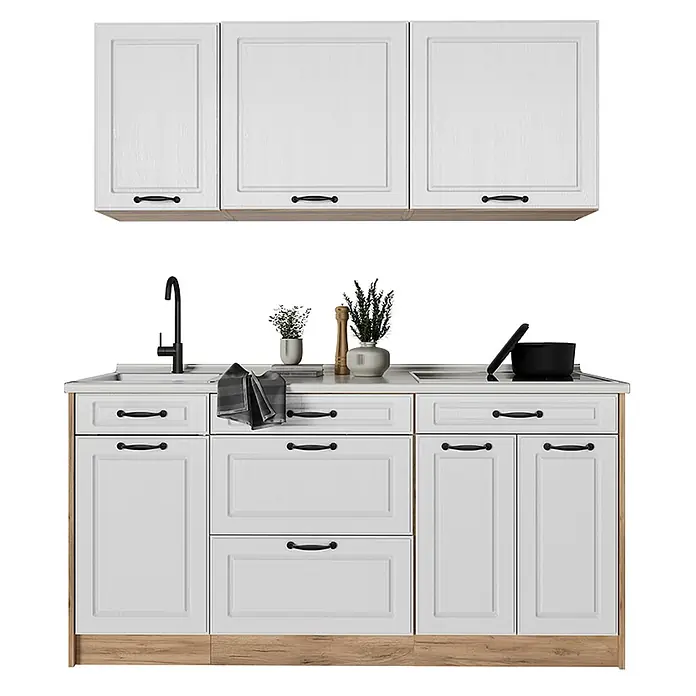 Singleküche R-Line 160 cm Weiß Landhaus Art.-Nr. 67737 -  - Weiße Küchenzeile mit heller Holzbasis und schwarzen Griffen, inklusive Spüle und Kochfeld.