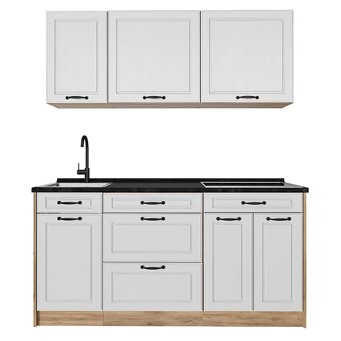 Singleküche R-Line 160 cm Weiß Landhaus Art.-Nr. 67737 -  - Weiße Küchenzeile mit schwarzer Arbeitsplatte, schwarzen Griffen und hellem Holzsockel, inkl. Spüle und Kochfeld.