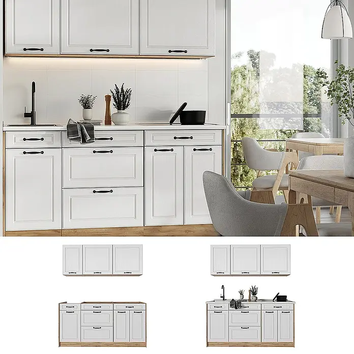 Singleküche R-Line 160 cm Weiß Landhaus Art.-Nr. 67737 -  - Weiße Küchenmöbel mit Holzdetails und schwarzen Griffen, in einer modernen Küche dargestellt.