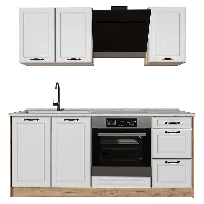 Singleküche R-Line 180 cm Weiß Landhaus Art.-Nr. 67808 -  - Weiße Küchenzeile mit hellem Holzsockel, Marmor-Arbeitsplatte, schwarzen Griffen, Einbauofen, Spüle und schwarzer Dunstabzugshaube.