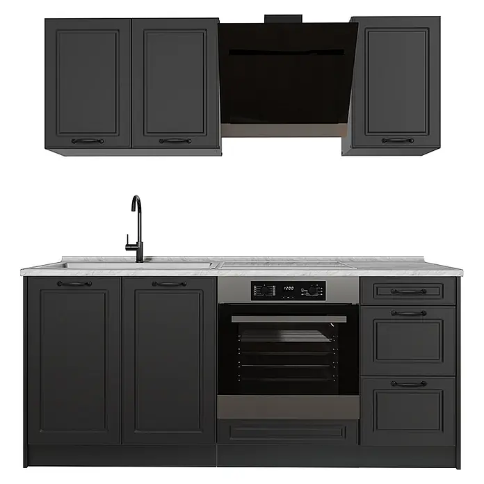 Singleküche R-Line 180 cm Anthrazit Landhaus Art.-Nr. 67756 -  - Dunkelgraue Küche im klassischen Stil mit weißer Arbeitsplatte, schwarzem Spülbecken, integriertem Backofen und Dunstabzugshaube.