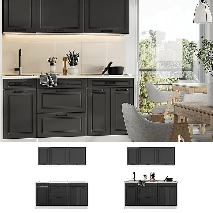 Singleküche R-Line 160 cm Anthrazit Landhaus Art.-Nr. 67743 -  - Dunkelgraue Küchenschränke mit Rahmenfronten und schwarzen Griffen, integriert in eine moderne Küche.