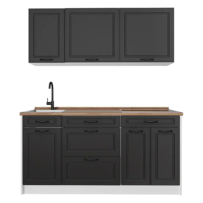 Singleküche R-Line 160 cm Anthrazit Landhaus Art.-Nr. 67743 -  - Dunkelgraue Küchenschrank-Garnitur mit klassischen Rahmentüren, Holz-Arbeitsplatte, Spüle und schwarzem Wasserhahn.
