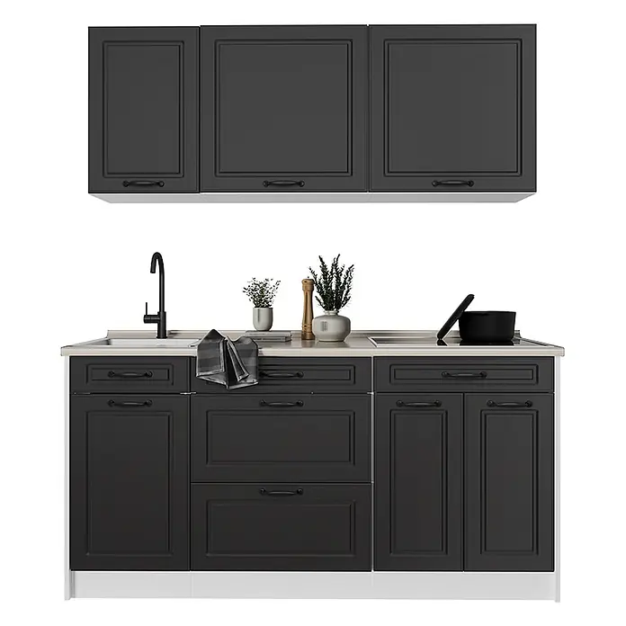 Singleküche R-Line 160 cm Anthrazit Landhaus Art.-Nr. 67743 -  - Dunkelgraues Küchenschränke-Set im klassischen Stil mit integrierter Spüle und schwarzen Griffen.