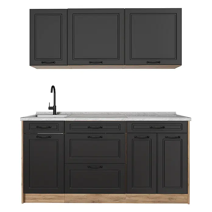 Singleküche R-Line 160 cm Anthrazit Landhaus Art.-Nr. 67732 -  - Dunkelgraue Küchenschrank-Garnitur mit Holzdetails, Marmor-Arbeitsplatte und schwarzer Spüle/Armatur.