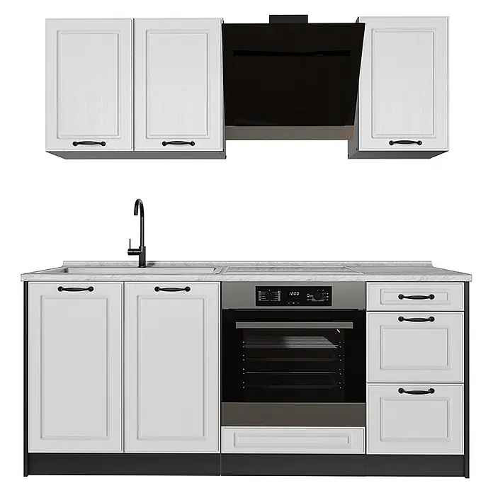 Singleküche R-Line 180 cm Weiß Landhaus Art.-Nr. 67760 -  - Weiße Küchenzeile mit schwarzen Griffen, integriertem Backofen, Spüle und Dunstabzugshaube.