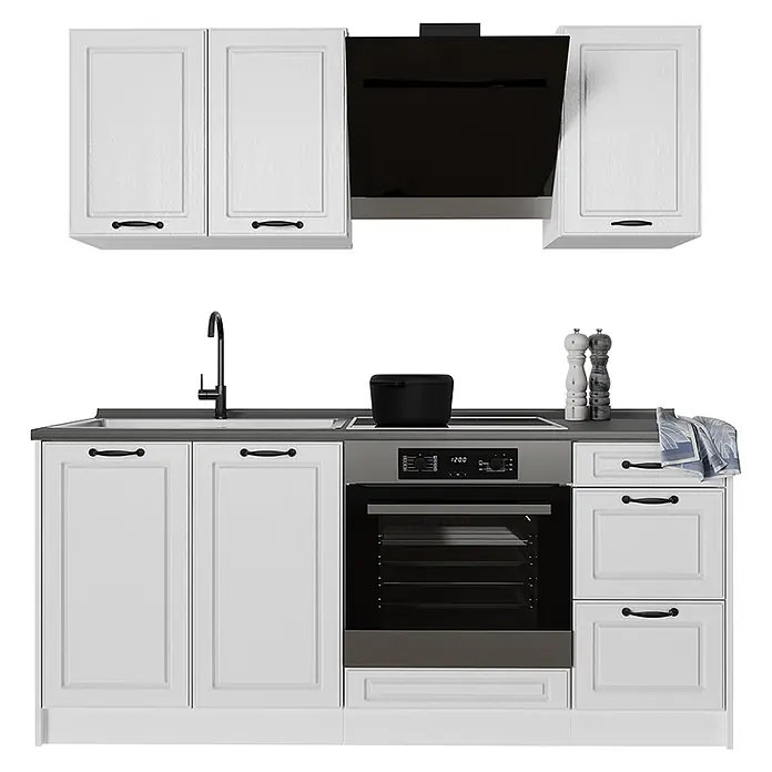 Singleküche R-Line 180 cm Weiß Landhaus Art.-Nr. 67820 -  - Modulare weiße Küchenzeile mit grauer Arbeitsplatte, schwarzem Backofen, Kochfeld, Dunstabzugshaube, Spüle und Wasserhahn.