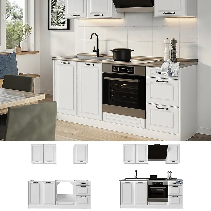 Singleküche R-Line 180 cm Weiß Landhaus Art.-Nr. 67820 -  - Weiße Küchenschränke mit schwarzen Griffen, grauer Arbeitsplatte, eingebautem Backofen, Kochfeld und Spüle in moderner Küche.