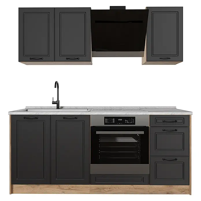 Singleküche R-Line 180 cm Anthrazit Landhaus Art.-Nr. 67804 -  - Moderne Küchenzeile mit dunkelgrauen Schränken, hellen Holzakzenten, weißer Arbeitsplatte, Spüle, Backofen und schwarzer Dunstabzugshaube.