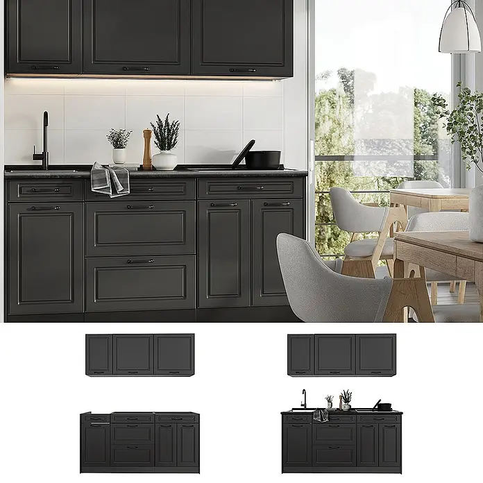 Singleküche R-Line 160 cm Anthrazit Landhaus Art.-Nr. 67683 -  - Dunkelgraue Küchenschränke und Schubladen im Shaker-Stil in einer modernen Küche.
