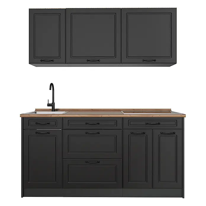 Singleküche R-Line 160 cm Anthrazit Landhaus Art.-Nr. 67683 -  - Dunkelgraue Küchenzeile mit Holzplatte, Spüle, Armatur und integriertem Kochfeld.