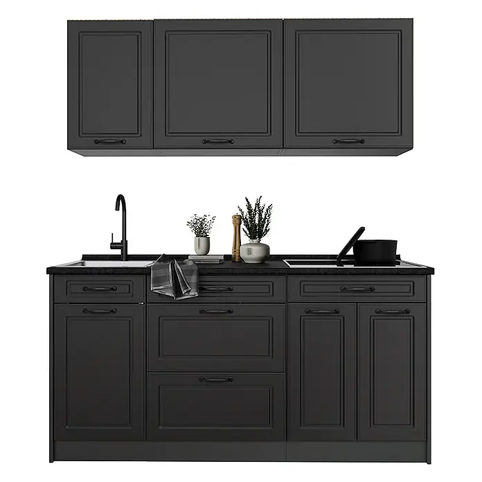 Singleküche R-Line 160 cm Anthrazit Landhaus Art.-Nr. 67683 -  - Schwarze Küchenschrank-Garnitur mit Kassettentüren, bestehend aus Oberschränken und Unterschränken mit Spüle und Kochfeld.