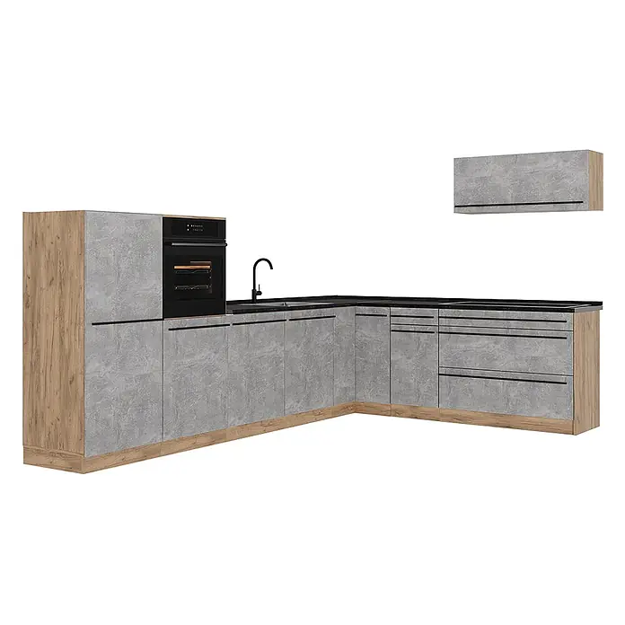 Eckküche R-Line 327 cm Beton Art.-Nr. 67561 -  - Moderne Eckküche mit Holz- und Betonoptik-Fronten, schwarzer Arbeitsplatte, integriertem Backofen, Spüle, Kochfeld und Hängeschrank.