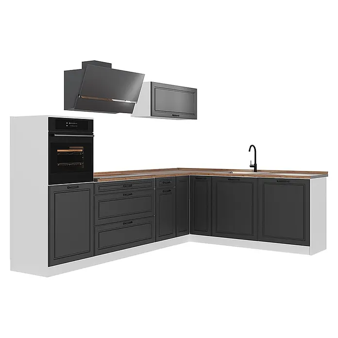 Eckküche R-Line 287 cm Anthrazit Landhaus Art.-Nr. 68211 -  - L-förmige Modulküche mit dunkelgrauen Rahmenfronten, Arbeitsplatte in Holzoptik, Einbaubackofen und Spüle mit schwarzem Wasserhahn.