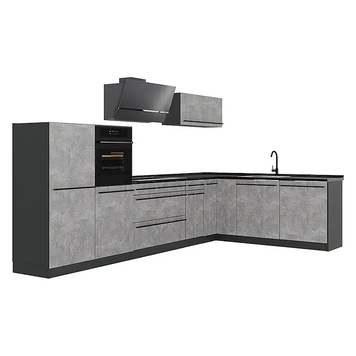 Eckküche R-Line 347 cm Beton Art.-Nr. 67593 -  - Moderne L-förmige Küche mit grauen Betonoptik-Schränken, schwarzer Arbeitsplatte, Backofen und Dunstabzugshaube.