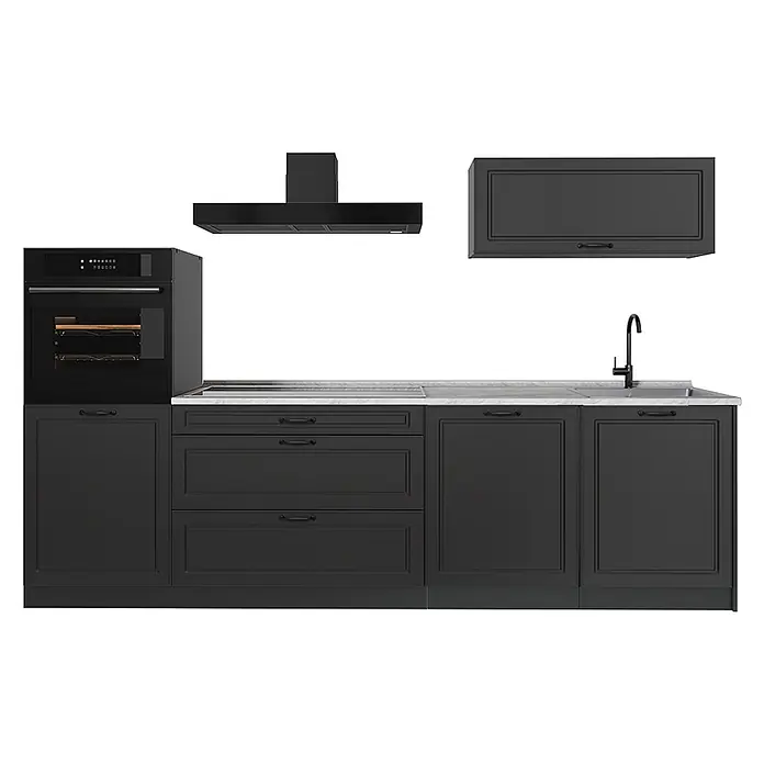 Küchenzeile R-Line 280 cm Anthrazit Landhaus Art.-Nr. 67973 -  - Schwarze Küchenzeile mit integriertem Backofen, Kochfeld, Spüle, Armatur, Dunstabzugshaube und Unter-/Oberschränken.