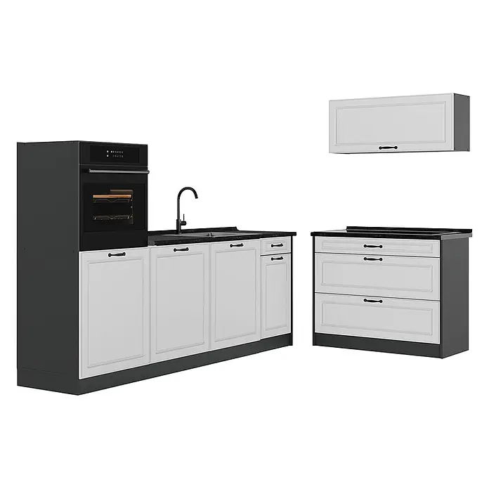 Küchenzeile R-Line 220 cm Weiß Landhaus Art.-Nr. 68118 -  - Modulare Küche mit schwarzem Backofen, schwarzer Arbeitsplatte, Spüle, weißen Schranktüren/Schubladen und schwarzen Griffen.