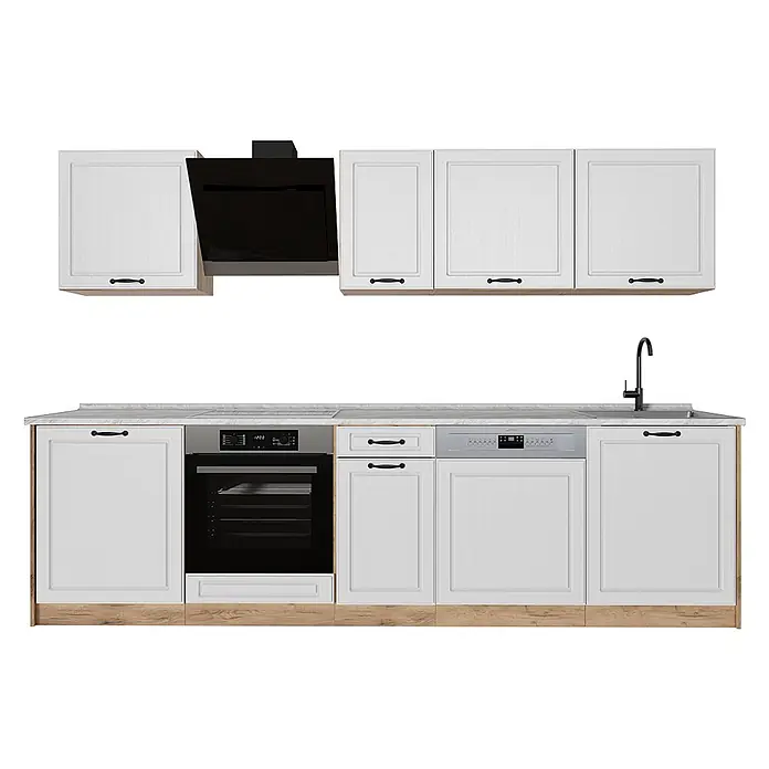 Küchenzeile R-Line 280 cm Weiß Landhaus Art.-Nr. 67916 -  - Weiße Küchenzeile mit schwarzen Griffen, Backofen, Dunstabzugshaube und Wasserhahn. Mit hellem Holzsockel und Marmor-Arbeitsplatte.