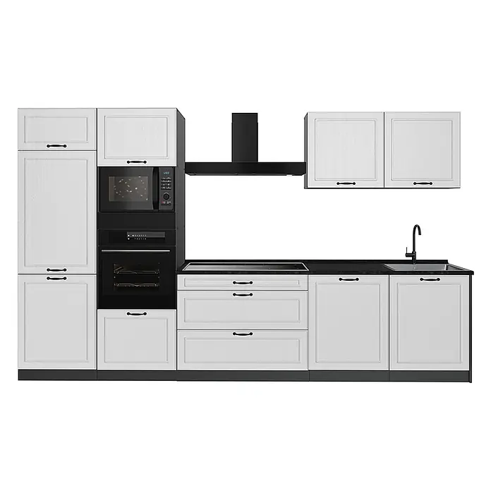 Küchenzeile R-Line 340 cm Weiß Landhaus Art.-Nr. 68046 -  - Modulare Küchenzeile mit weißen Schränken, schwarzen Geräten, dunkler Arbeitsplatte und Spüle.