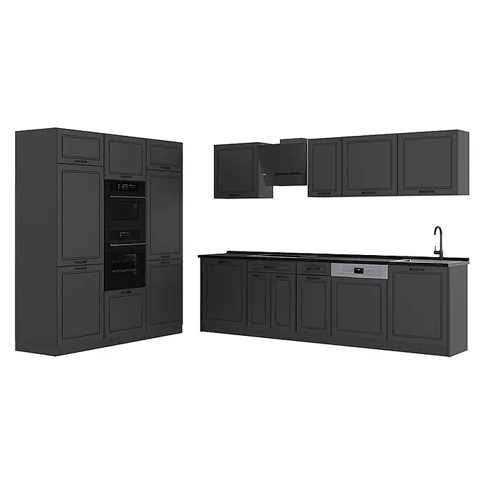 Küchenzeile R-Line 180 cm Anthrazit Landhaus Art.-Nr. 67766 -  - Dunkelgraue Küchenschränke im klassischen Stil mit integriertem Backofen, Mikrowelle, Herd, Spüle und Geschirrspüler.