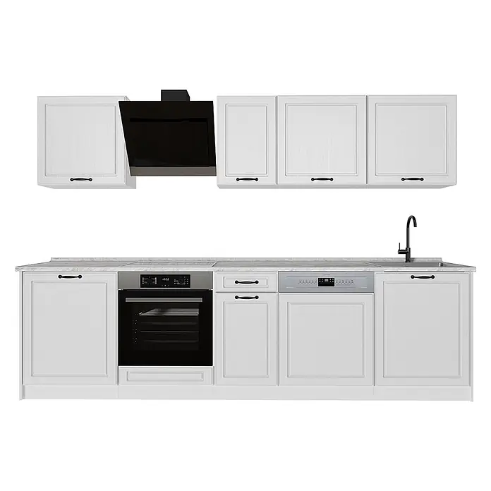 Küchenzeile R-Line 280 cm Weiß Landhaus Art.-Nr. 67928 -  - Weißes Küchenschrank-Set mit schwarzer Dunstabzugshaube, eingebautem Backofen, Geschirrspüler und Spüle. Verfügt über eine Marmor-Arbeitsplatte und schwarze Griffe.