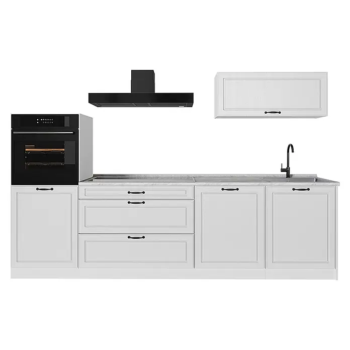 Küchenzeile R-Line 280 cm Weiß Landhaus Art.-Nr. 68000 -  - Weißer Küchenblock mit integriertem schwarzem Backofen, Dunstabzugshaube, Spüle und Wasserhahn.
