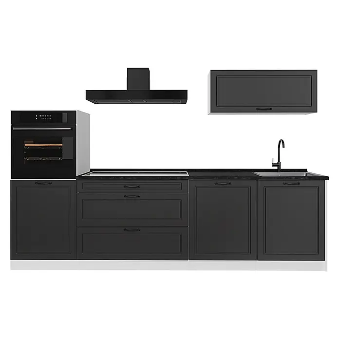 Küchenzeile R-Line 280 cm Anthrazit Landhaus Art.-Nr. 67994 -  - Moderne dunkelgraue Küchenzeile mit integriertem schwarzem Backofen, Kochfeld, Spüle und Dunstabzugshaube, mit profilierten Fronten.
