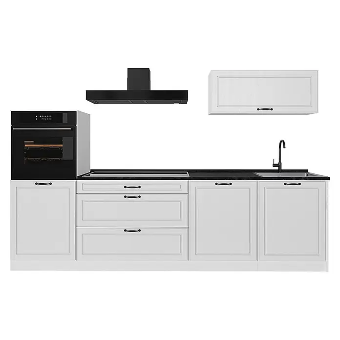 Küchenzeile R-Line 280 cm Weiß Landhaus Art.-Nr. 67998 -  - Weiße Küchenzeile mit schwarzer Arbeitsplatte, Einbauofen, Kochfeld, Spüle, Armatur, passender Dunstabzugshaube und weißem Hängeschrank.