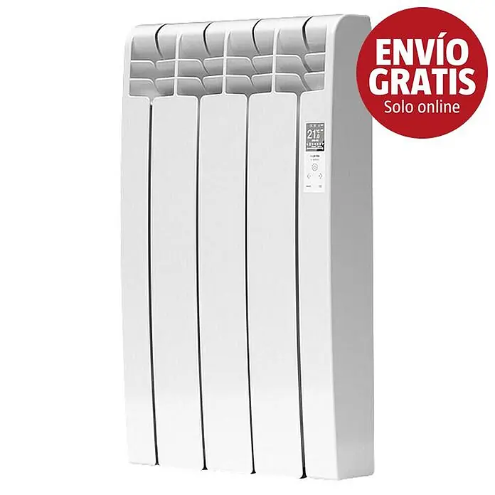Rointe Emisor térmico Delta - 330 W, Blanco, 9,7 x 35 x 58,5 cm, Fluido - Radiador eléctrico blanco con pantalla digital ('21'), botones de control y una insignia roja de 'ENVÍO GRATIS'.