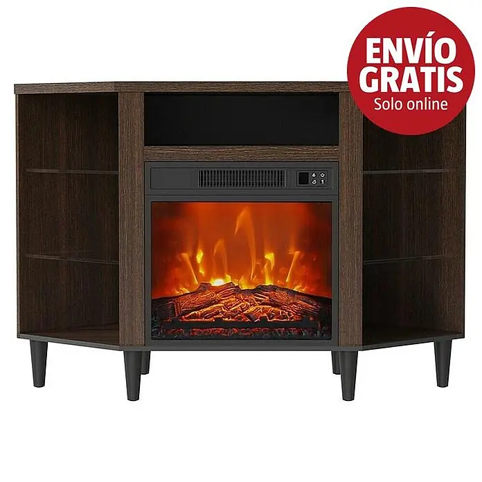 Fulmo Mueble para chimenea Dalí - 55,9 x 114,3 x 75,7 cm, Marrón, Madera - Chimenea eléctrica esquinera de madera oscura con estantes abiertos y patas negras cónicas, mostrando una llama eléctrica realista.