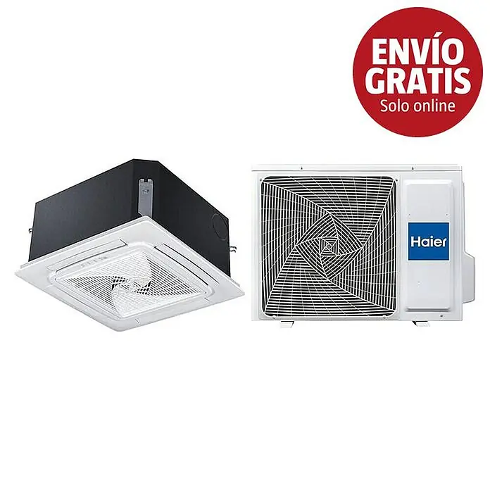 Haier Aire acondicionado cassette AB35S2SC2FA - 3,5 kW, 4 kW, Tamaño de la estancia: 20 m² - 35 m² - Sistema de aire acondicionado split: unidad interior de casete blanca y unidad exterior Haier.