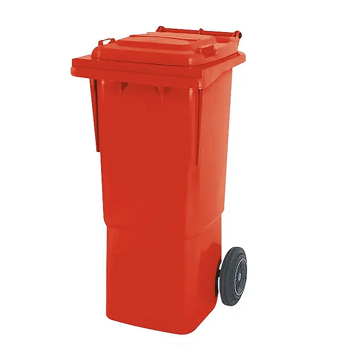BRB Mülltonne 60 Liter, BxTxH 445x520x930 mm, hohe Ausführung - rot - Rote Kunststoff-Mülltonne mit Deckel und schwarzen Rädern.